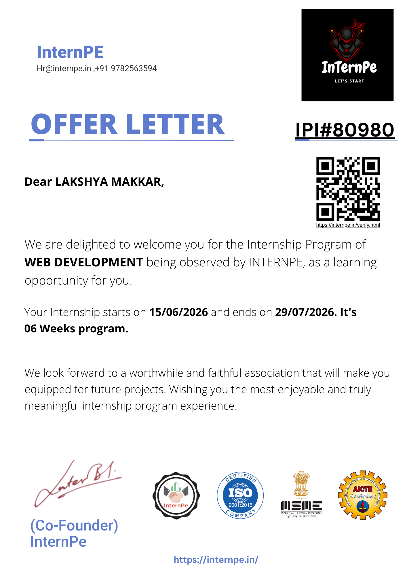 Internpe internship offer letter