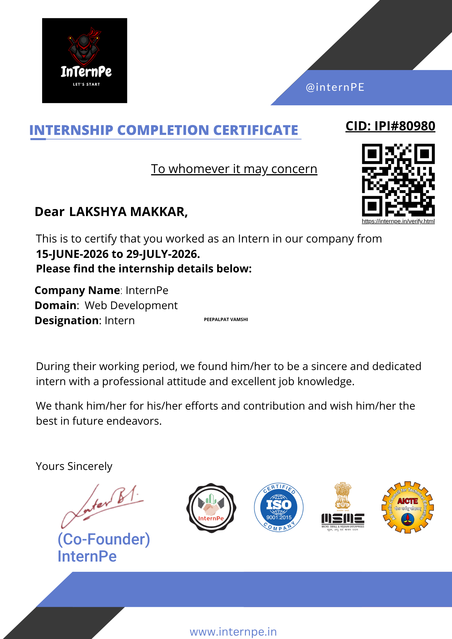 Internpe internship offer letter